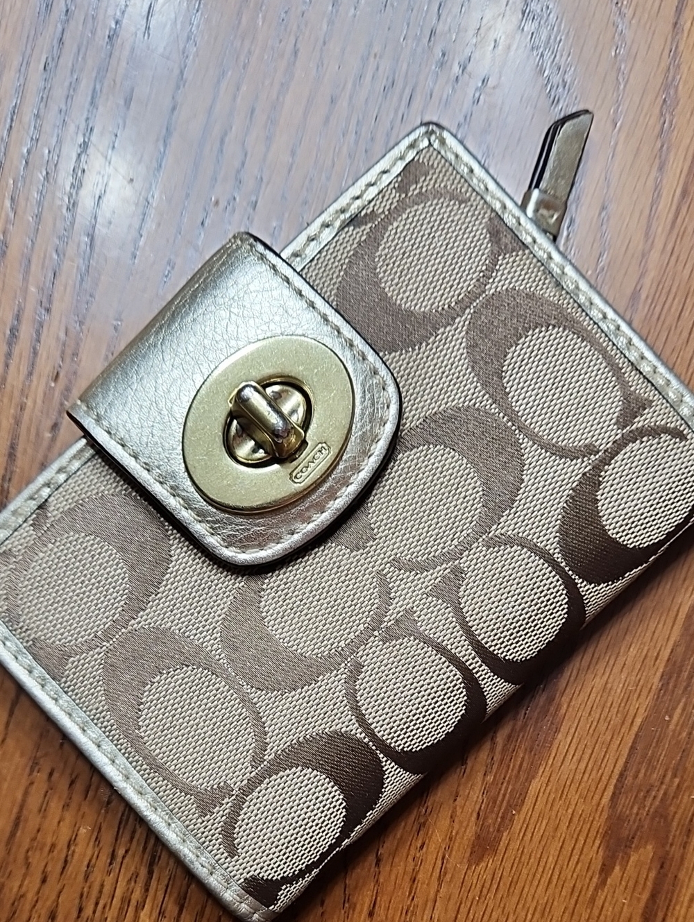 Coach Tan and Gold Signature Compact Wallet